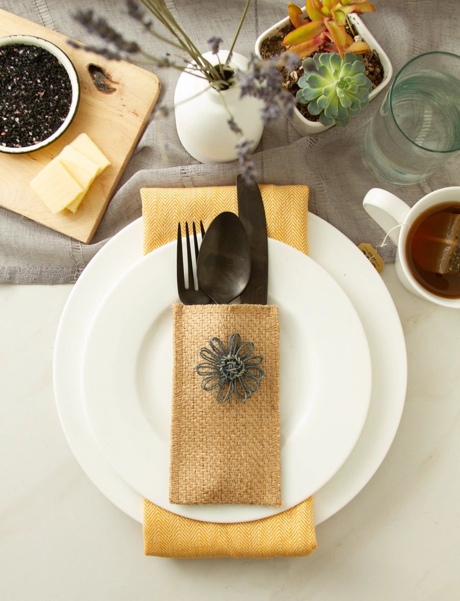 Slate Jute Flower Silverware Pouch - Set of 8