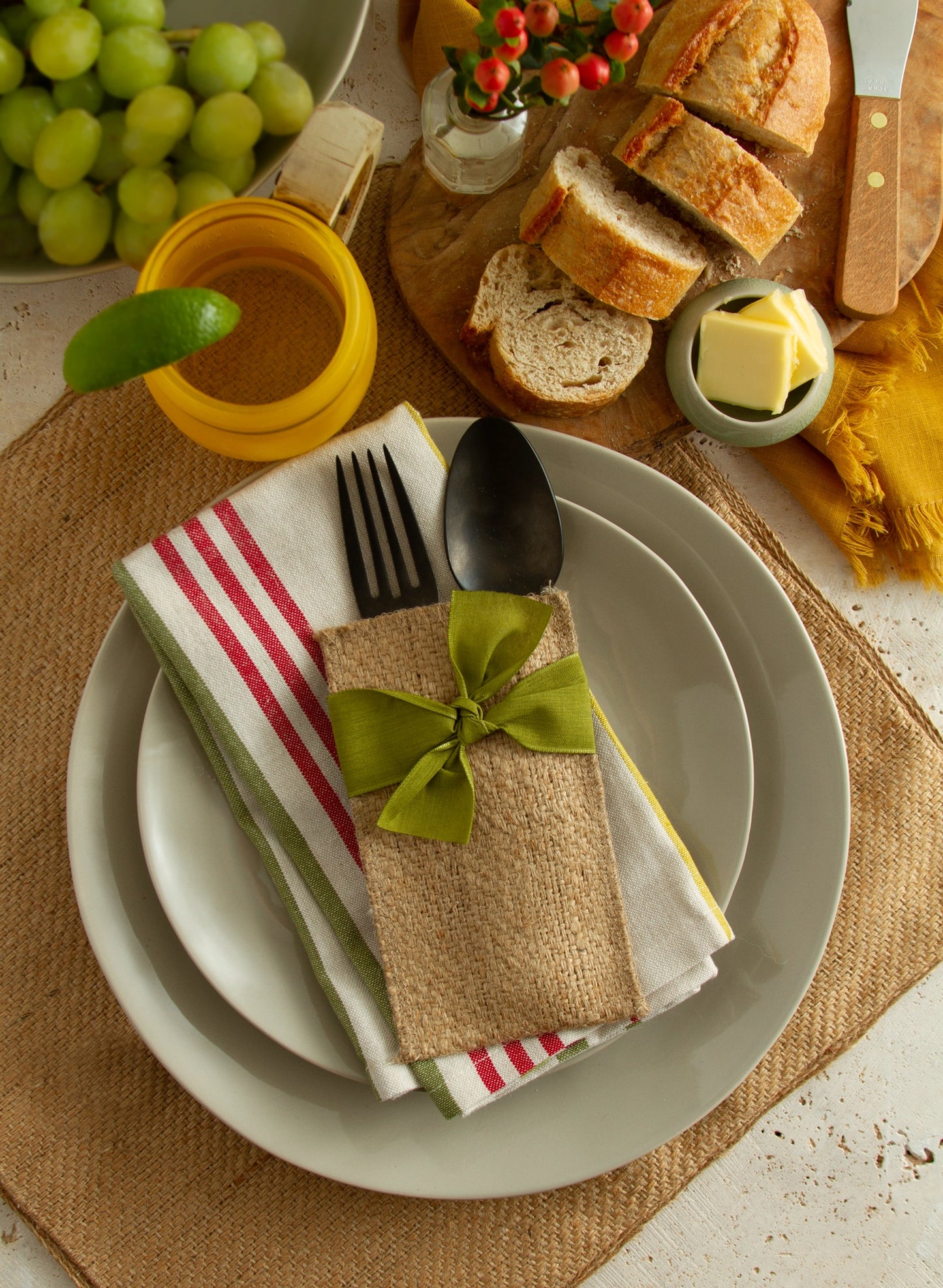 Green Hand Tied Ribbons Silverware Pouch - Set of 8