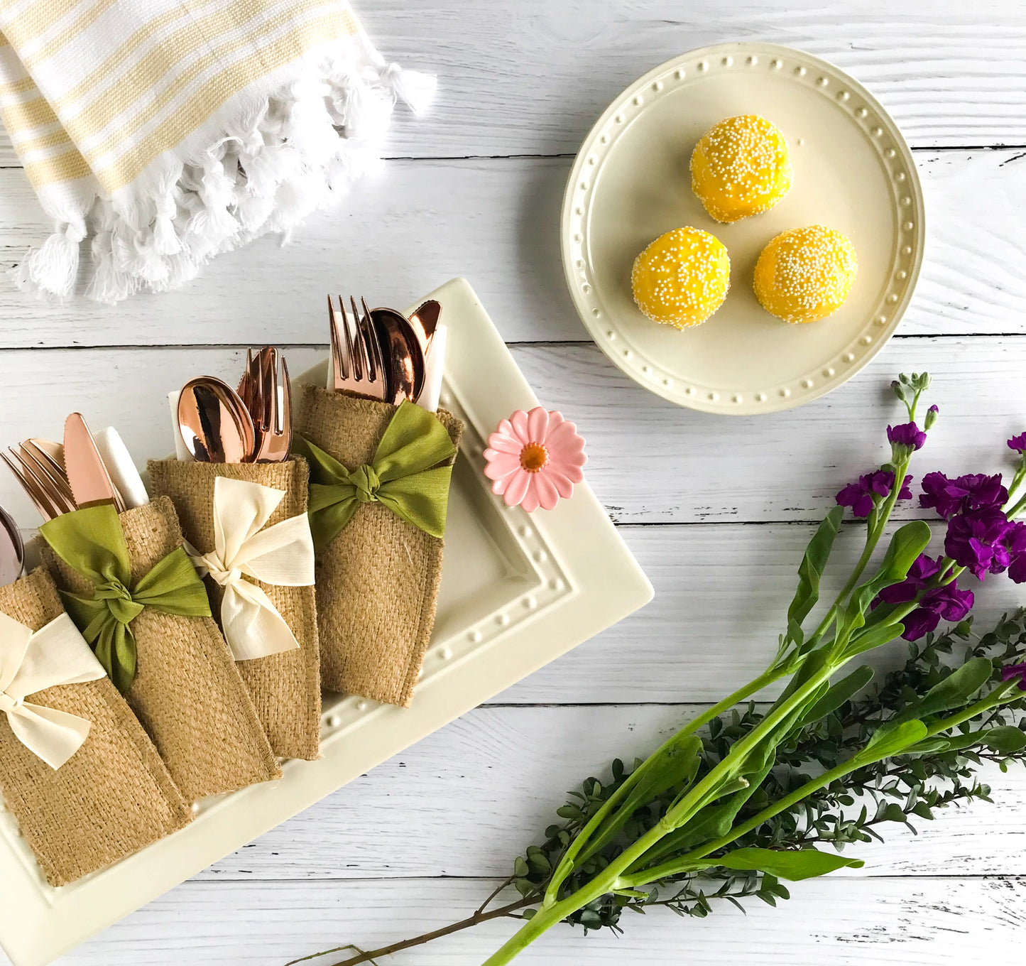 Cream Hand Tied Ribbons Silverware Pouch - Set of 8