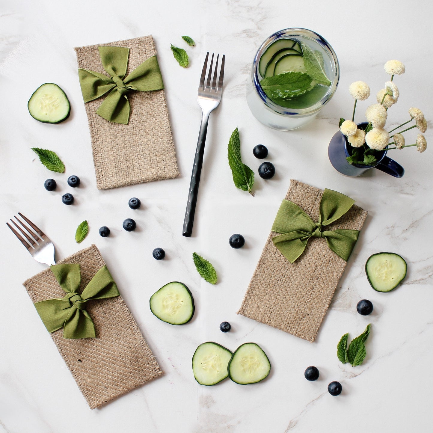 Green Hand Tied Ribbons Silverware Pouch - Set of 8