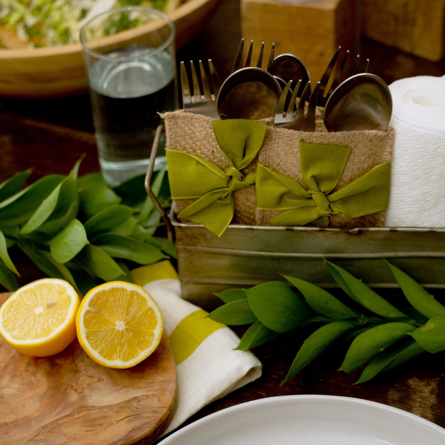 Green Hand Tied Ribbons Silverware Pouch - Set of 8