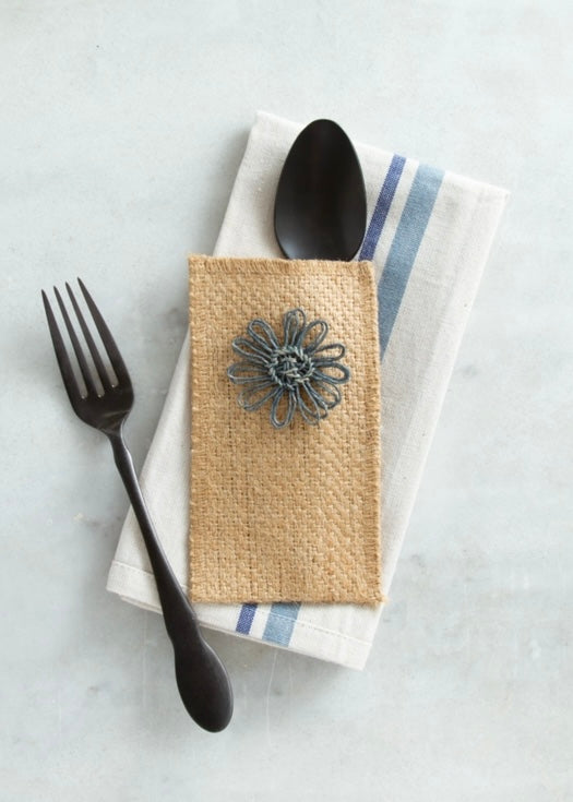 Slate Jute Flower Silverware Pouch - Set of 8