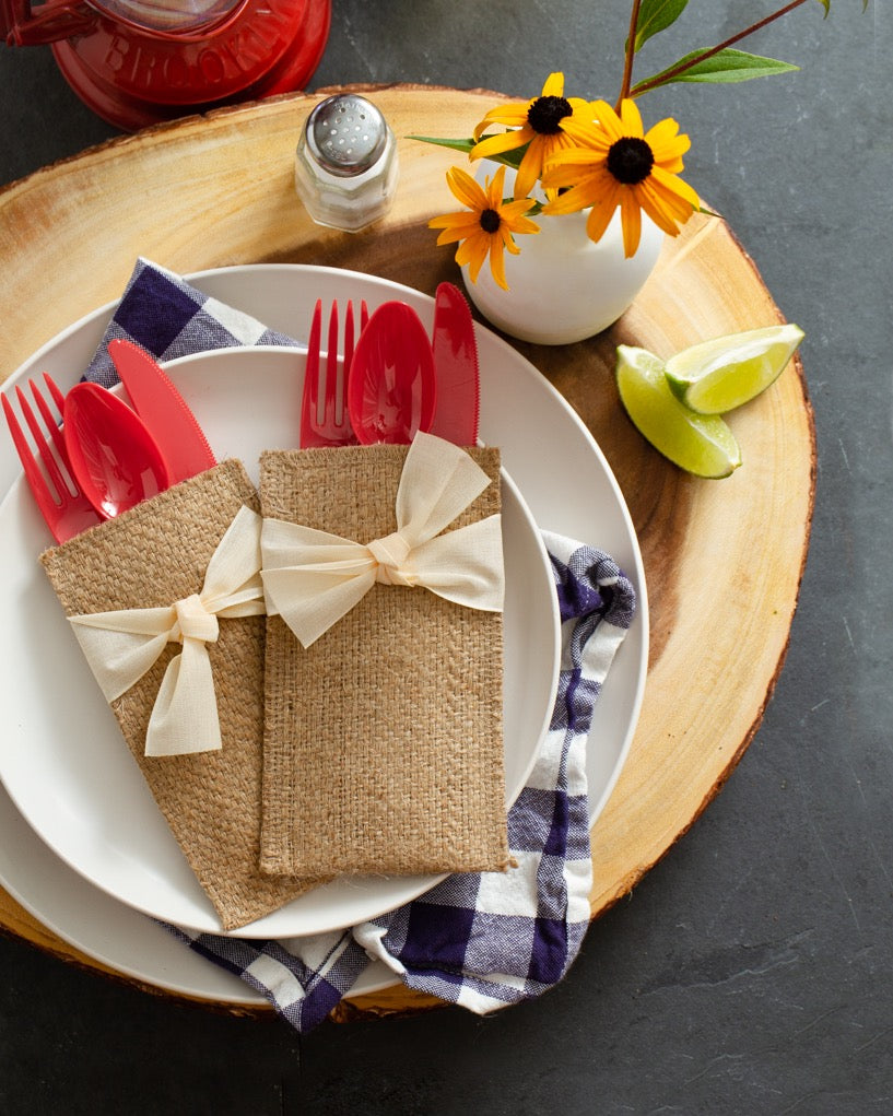 Cream Hand Tied Ribbons Silverware Pouch - Set of 8