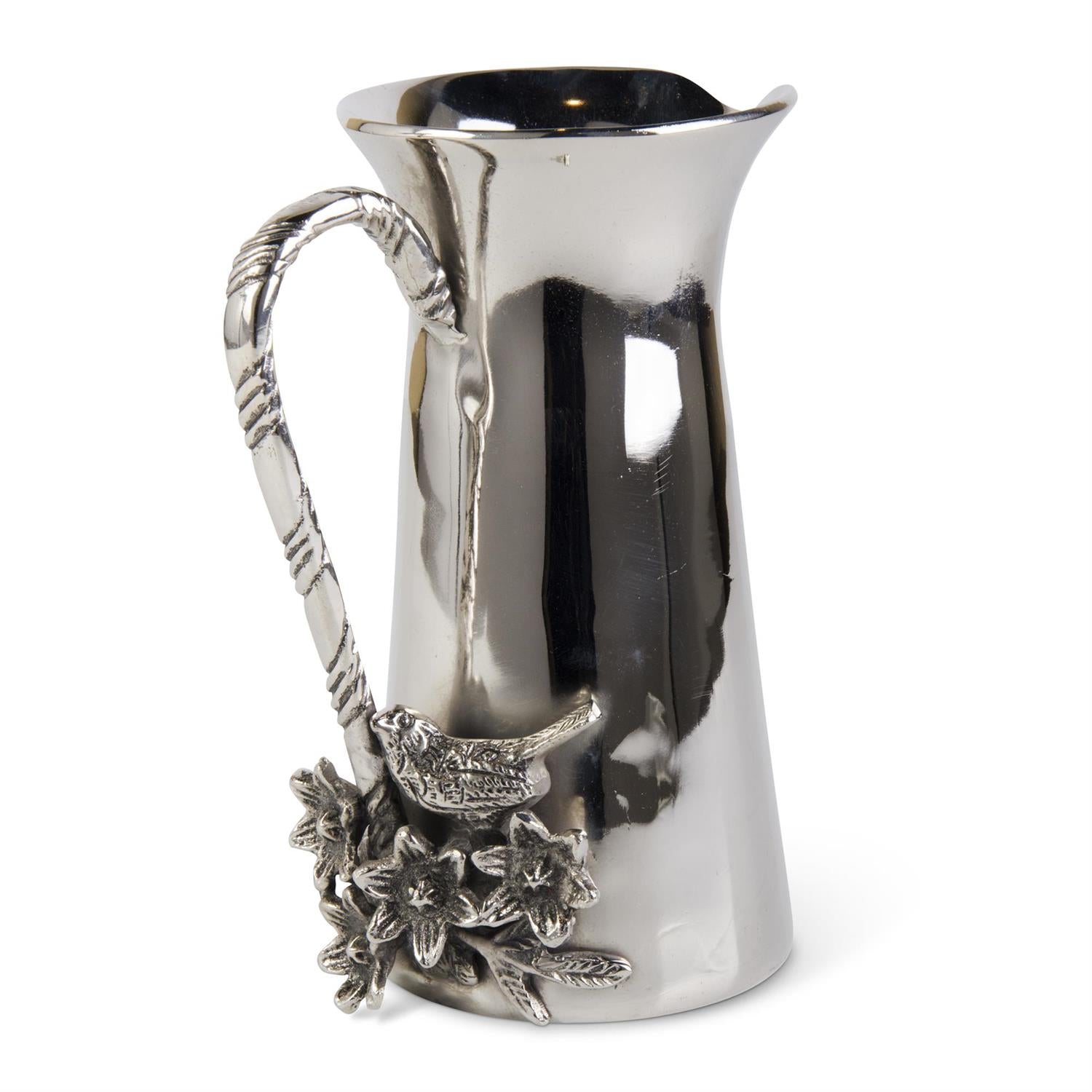 Silver Nickel Water Pitcher w/ Bird and twigs