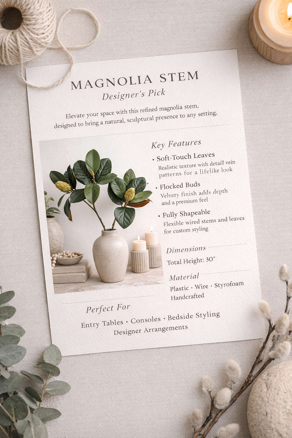 30"Artificial Magnolia Stem w/ Buds