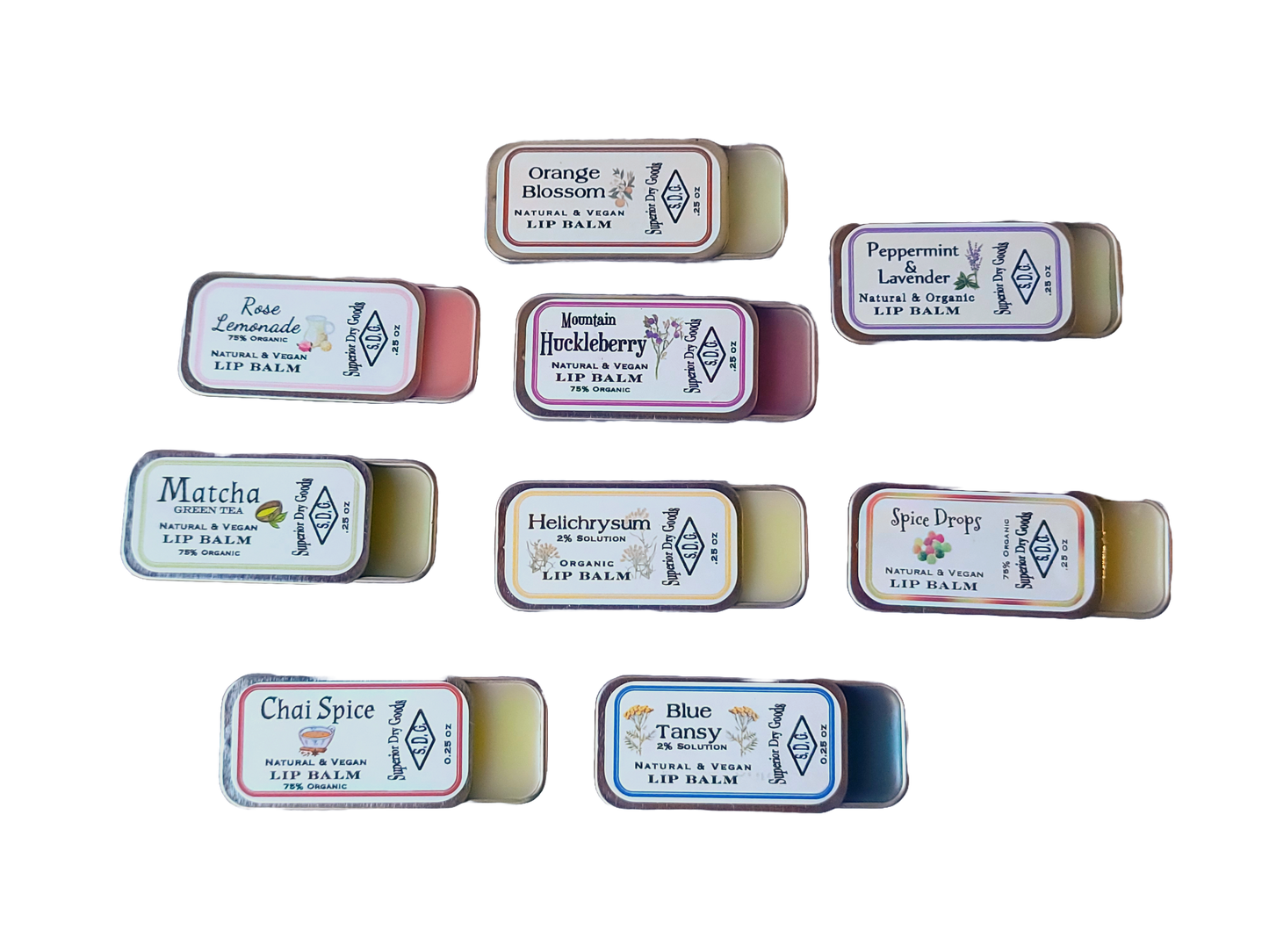 Natural Lip Balm Variety | Lot of 10 Flavors | Slider Tins
