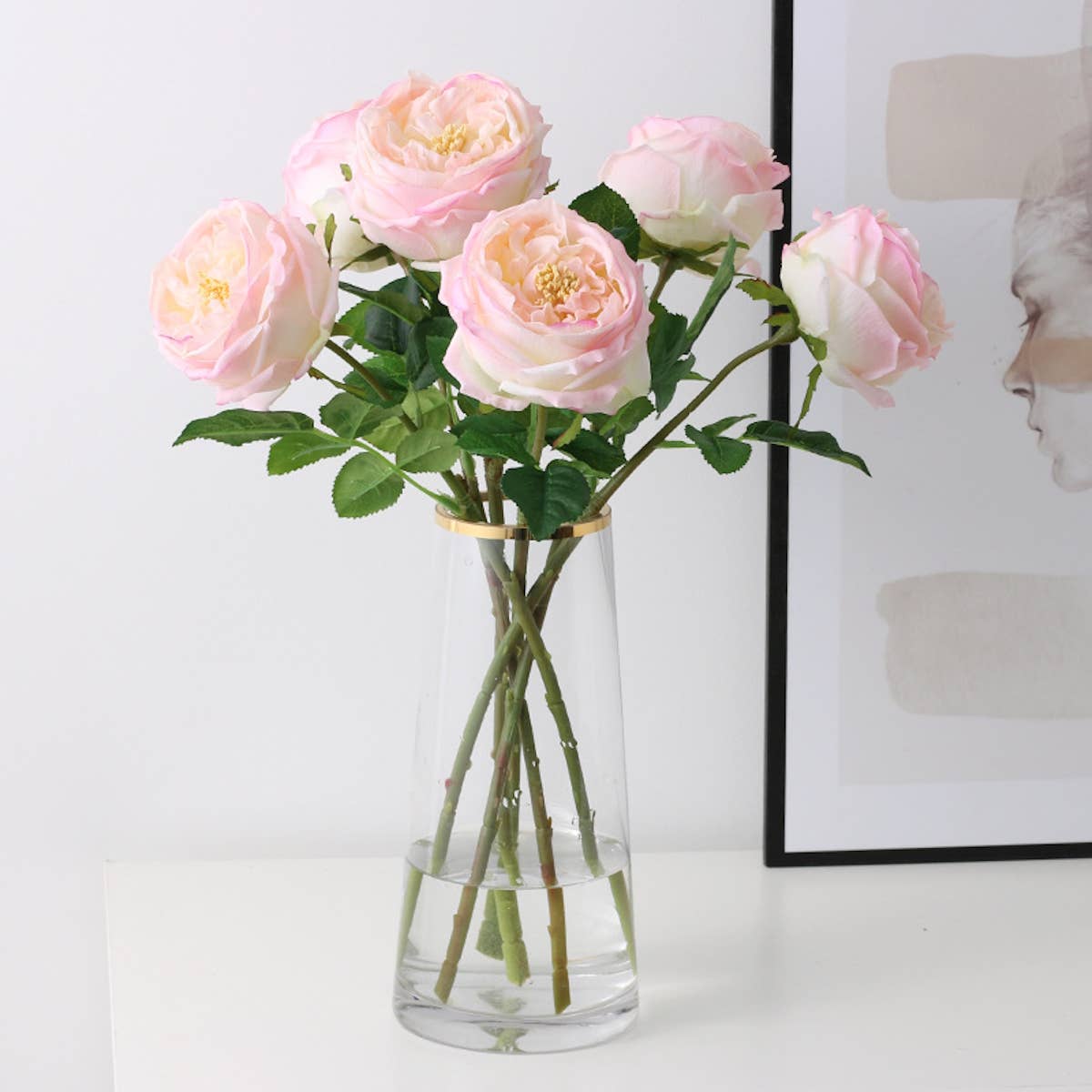 17"Real touch English Austin Cabbage Rose Stem: Pure White