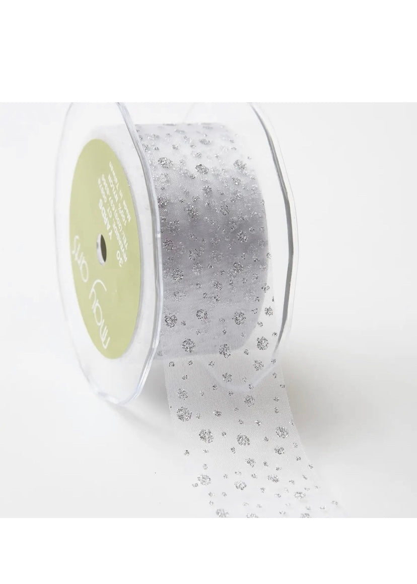 1.5” Silver Glitter Dot Sheer Organza Ribbon