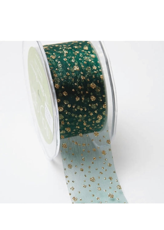 1.5” Green w/ Gold Glitter Dots Sheer