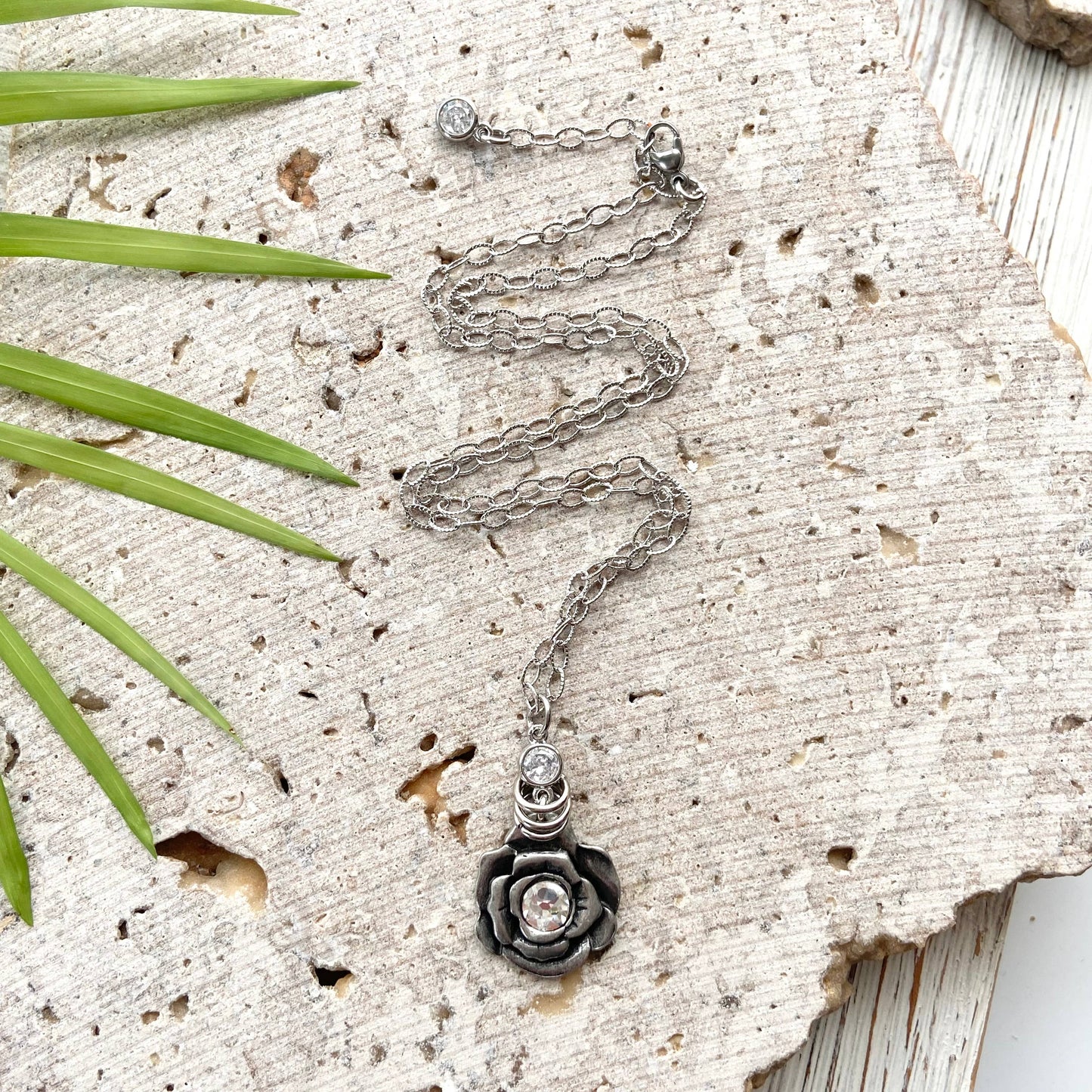 Flower Swarovski necklace botanical flower shop boutique: Silver